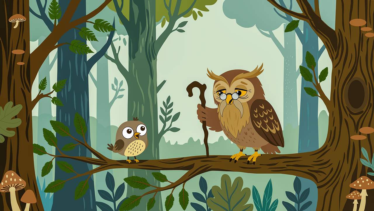 wise old owl, cute bird, forest, nature, trees, woods, mushrooms, toadstool, wallpaper, creative